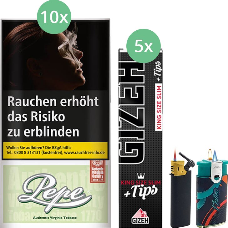 Pepe Bright Green 10 x 30g mit Gizeh Black Filter King Size Slim + Tips