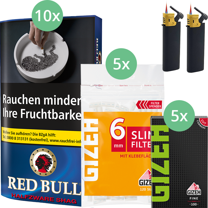 Red Bull Halfzware Shag 10 x 40g mit Gizeh Blättchen und Filter